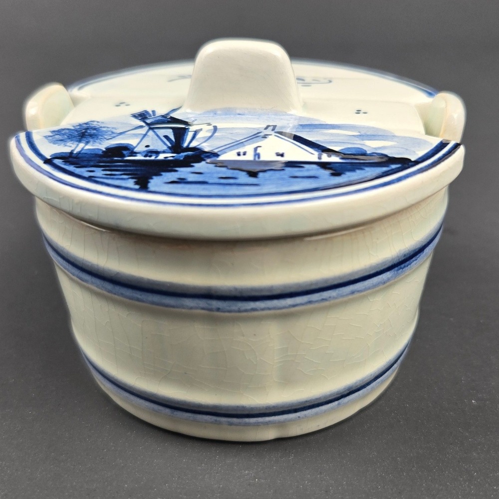 Delfts Holland Blue White Windmill Ceramic Lidded Butter Tub Crock Vintage
